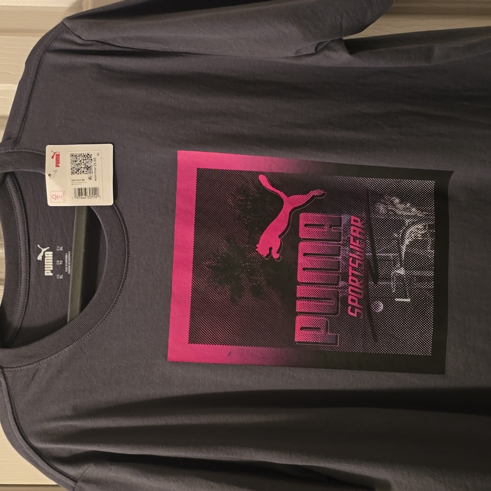 Puma Men's Short Sleeve Graphic Tee - Charcoal Gray with Hot Pink Accent